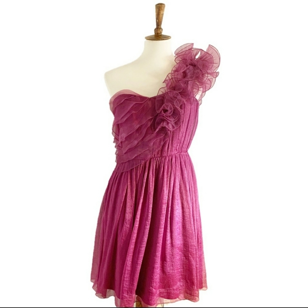 🎉 SALE BCBG Magenta Ruffled One Shoulder Cocktail Dress